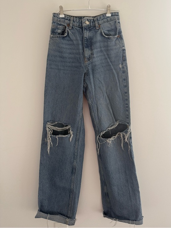 Zara Denim - ZARA High Waisted Loose Wide Leg Distressed Jeans Y2K Raw Hem Size 2